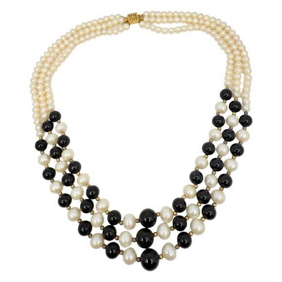 VTG White Pearl & Onyx Multi Strand Necklace 18" Gold Over 925 Sterling Silver - Picture 2 of 12
